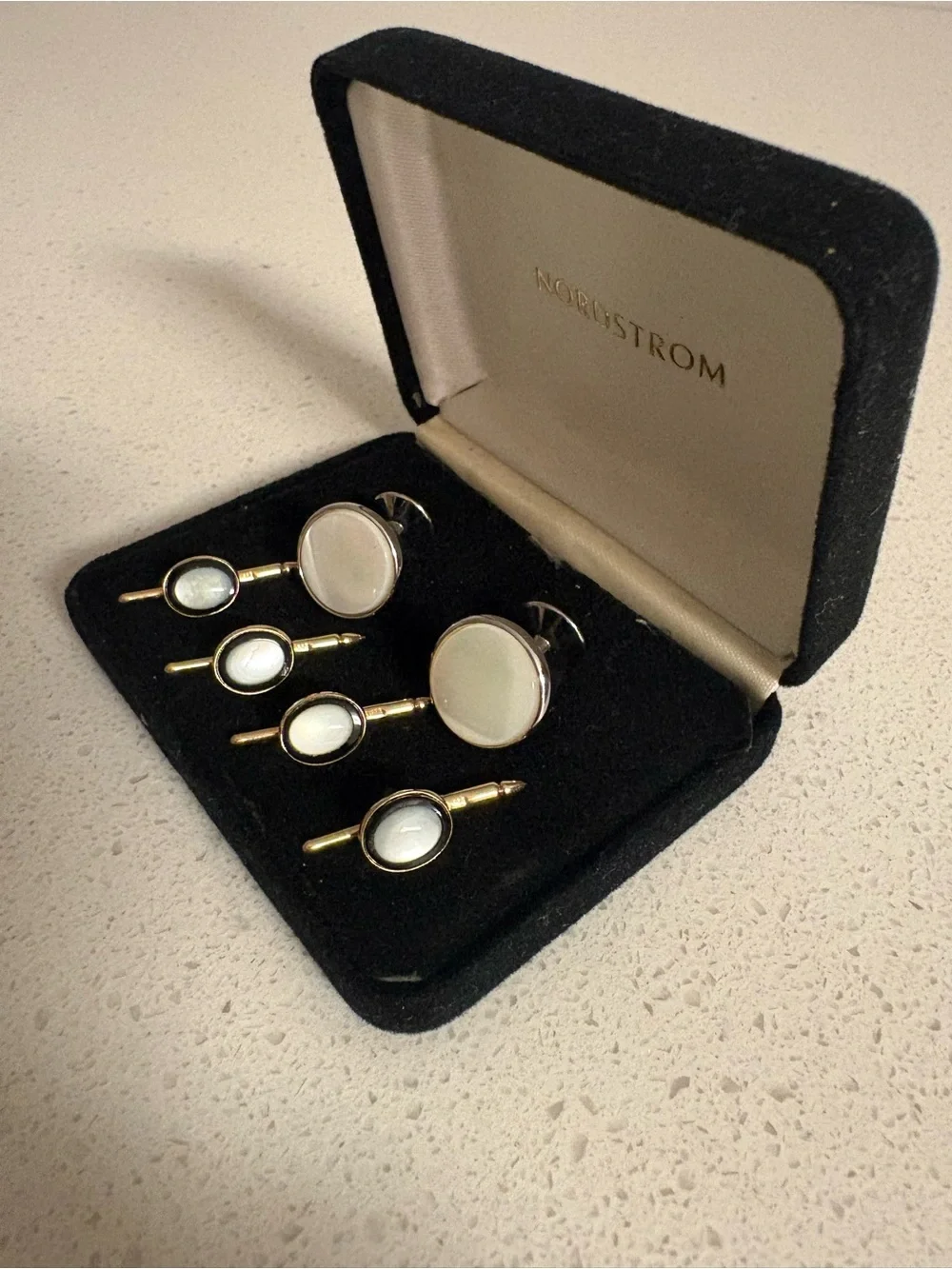 VTG Solid 14K Gold 585 Mother of Pearl 6PC Tuxedo Cufflinks & Stud Set